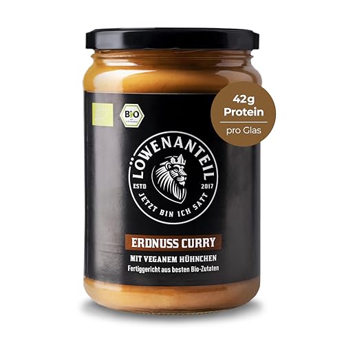 Löwenanteil - 100% Bio-Eintopf ERDNUSS CURRY - 570g Glas - Proteinreiches Bio-Fertiggericht mit veganen Hühnchen & cremiger Erdnussbutter - Ohne Zuckerzusatz & Glutenfrei von Löwenanteil