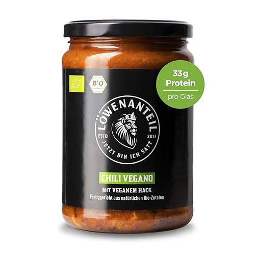 Löwenanteil - 100% Bio-Eintopf CHILI VEGANO - 570g Glas - Proteinreiches Bio-Fertiggericht mit veganen Hack & angenehmer Schärfe - Ohne Zuckerzusatz & Glutenfrei von Löwenanteil