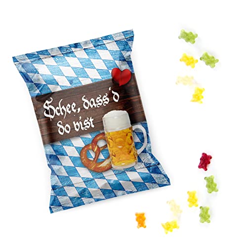 Logbuch-Verlag 10 kleine blau weiße Bayern Gummibärchen Tüten Schön dass du da bist - Give-Away kleines Geschenk Oktoberfest Hochzeit Deko bayerisch von Logbuch-Verlag