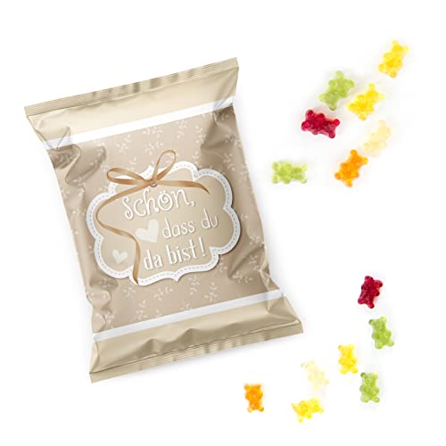 Logbuch-Verlag 25 mini Gastgeschenke Fruchtgummi Tütchen beige creme "Schön, dass du da bist" Willkommensgeschenk für Hochzeit von Logbuch-Verlag