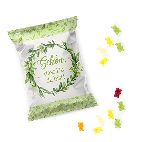 Logbuch-Verlag 10 Give-Aways Gummibärchen Päckchen grün weiß floral - Gastgeschenk Hochzeit SCHÖN DASS DU DA BIST - Hochzeitsdeko Süßigkeit von Logbuch-Verlag