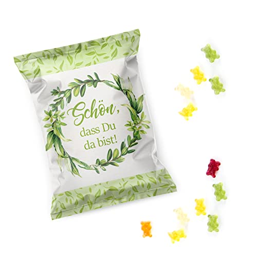 Logbuch-Verlag 10 Give-Aways Gummibärchen grün weiß Gastgeschenk Hochzeit Schön dass du da bist Hochzeitsdeko 7 x 9 cm von Logbuch-Verlag