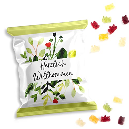 Logbuch-Verlag 10 kleine Fruchtgummi Tütchen Herzlich Willkommen grün floral Willkommensgeschenk Kunden Gäste von Logbuch-Verlag