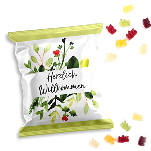 Logbuch-Verlag 10 kleine Fruchtgummi Tütchen HERZLICH WILLKOMMEN grün floral - Willkommensgeschenk Kundengeschenk Tischdeko Frühling von Logbuch-Verlag