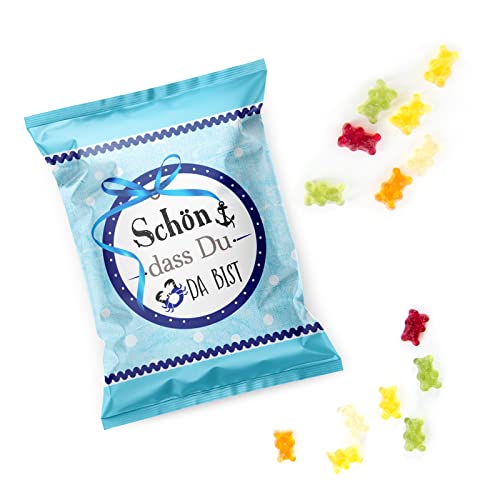 Logbuch-Verlag 25 Schön dass du da bist Gastgeschenke mini Geschenke blau weiß Gummibärchen für Taufe & Konfirmation von Logbuch-Verlag