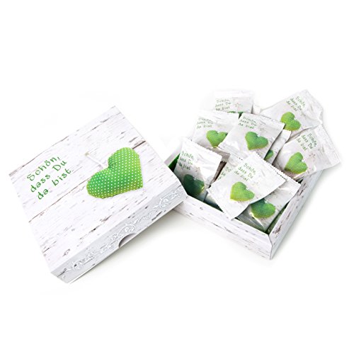 Logbuch-Verlag 5 x Geschenkkarton befüllt mit je 25 Fruchtgummi Tütchen - SCHÖN DASS DU DA BIST - Hochzeitsdeko Give-Away grün weiß von Logbuch-Verlag