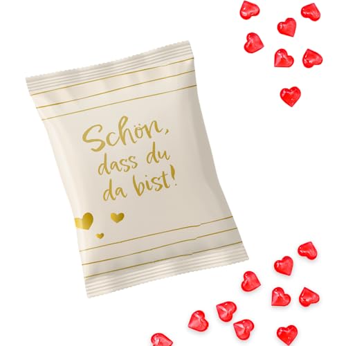 Logbuch-Verlag 50 Gummibärchen rote Herzen mini Tüten Süßigkeit kleines Geschenk Gäste Kunden Schön dass du da bist 7 x 9 cm von Logbuch-Verlag