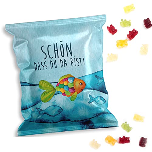 Gummibärchen Mini-Tütchen, 50 Stück: Kleine Gastgeschenke türkis bunt für Hochzeit, Konfirmation, Kommunion, Süßigkeiten, Fruchtgummi Kinder, Hergestellt in der EU, 7 x 9 cm von Logbuch-Verlag