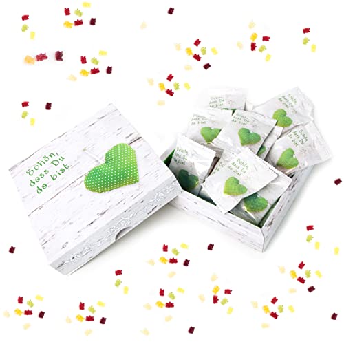 Logbuch-Verlag Geschenkkarton befüllt mit 25 Schön dass du da bist Give-Aways für Gäste Taufe Kommunion Hochzeit grün weiß von Logbuch-Verlag