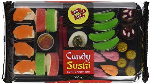 Look O Look Candy Sushi-Tray mit Fruchtgummi und Schaumzucker inklusive Essstäbchen, 4er Pack (4 x 300 g) von Look O Look