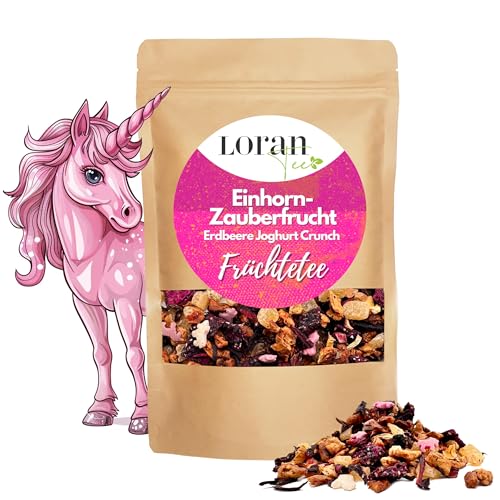 LORAN - Früchtetee Einhorn-Zauberfrucht mit Erdbeer - Joghurt - Crunch, lose 125g, Standbodenbeutel mit losem Tee, Tee mit Fruchtstücken Aroma, vegan von Loran Tee