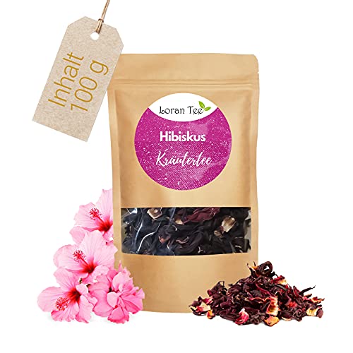 Loran Tee Kräutertee Hibiskus Blüten 100g, Premiumqualität, Hibiskusblüten getrocknet für Tee, Eistee, Karkade Tee, Detox Kur von Loran Tee