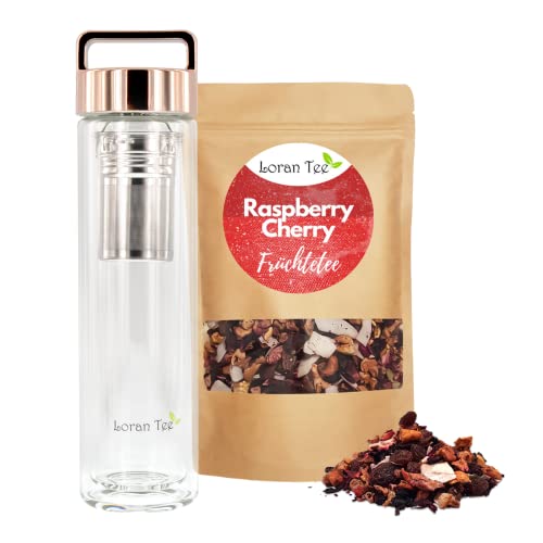 LORAN - Raspberry-Cherry Set, Himbeere-Kirsche Früchtetee, lose 200g, Teeflasche mit Sieb to go Teamaker 500 ml, Doppelwandig, Isoliert von Loran Tee