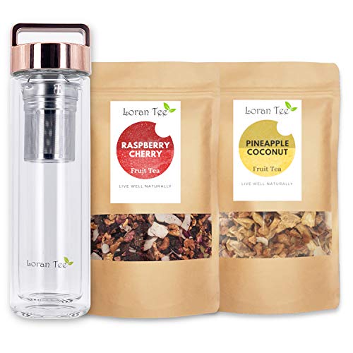 LORAN - Raspberry-Pineapple Set, Himbeere-Kirsche, Kokos-Ananas Früchtetee,150g,Teeflasche mit Sieb to go Teamaker 500 ml, Doppelwandig, Isoliert von Loran Tee