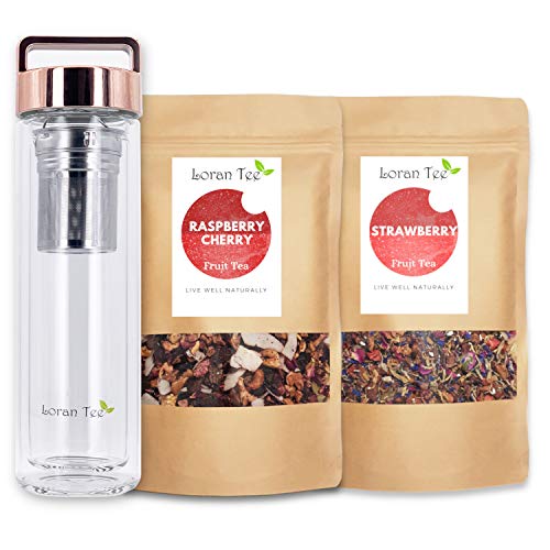 LORAN - Raspberry-Strawberry Set,Himbeere 200g & Erdbeere 150g Früchtetee, lose, Teeflasche mit Sieb to go Teamaker 500 ml, Doppelwandig, Isoliert von Loran Tee