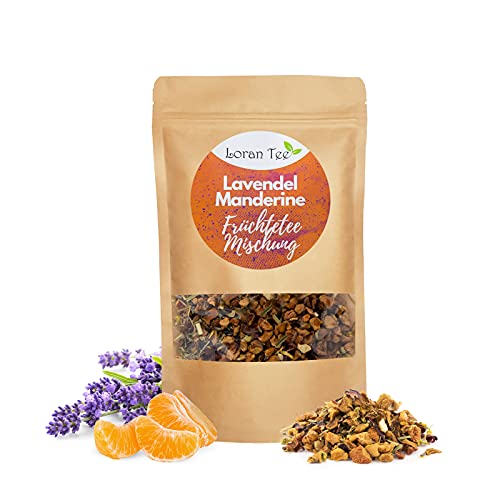Loran Tee Lanvendel-Mandarine Früchtetee 150g, Standbodenbeutel mit losem Tee, Tee mit Fruchtstücken Aroma, vegan von Loran Tee