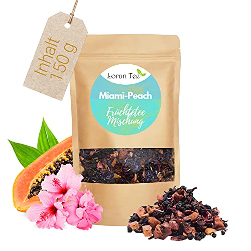 Loran Tee Miami-Peach Früchtetee 150g, Standbodenbeutel mit losem Tee, Tee mit Apfelstücke Papayawürfel Erdbeere, vegan von Loran Tee