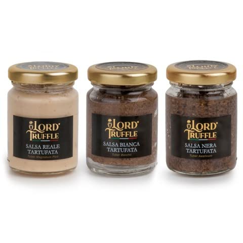 Lord Truffle |Trio von Trüffelsaucen, 3 Packungen 80 g, 1 weiße Trüffelsauce 80 g, 1 frische sommerliche schwarze Trüffelsauce 80 g und 1 Bianchetto-Trüffelsauce 80 g, 100% italienische Qualität von Lord Truffle