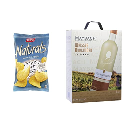 Maybach Weißer Burgunder trocken Bag-in-Box (1 x 3 l) und Lorenz Snack World Naturals Meersalz und Pfeffer (12 x 95 g) Paket von Lorenz Snack World