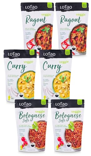LOTAO Saucen-Set: Vegane Fertigsaucen | Saucen Set - 2x Bolognese, 2x Curry, 2x Ragout Sauce | Vegane Lebensmittel in Bio Qualität | Lange haltbare Fertiggerichte für Mikrowelle von Lotao