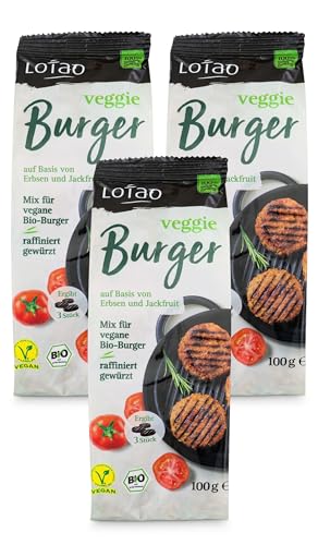 Sojafreie LOTAO Veggie Burger - 3x100g Mix für vegane Burger Patties | Veganer Fleischersatz mit Erbsenprotein und Jackfruit | Vegane Lebensmittel: BIO, ohne Zusatzstoffe, lecker und schnell fertig von Lotao