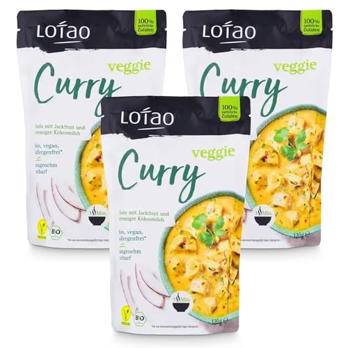 LOTAO Veggie Curry Sauce Set 3x320g | Vegane Fertigsauce Curry mit Jackfruit als veganer Fleischersatz | Vegane Lebensmittel in Bio Qualität | Lange haltbare Fertiggerichte für Mikrowelle von Lotao