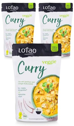 LOTAO Veggie Curry Set 3x320g | Vegane Fertigsauce Curry mit Jackfruit als veganer Fleischersatz | Vegane Lebensmittel in Bio Qualität | Lange haltbare Fertiggerichte für Mikrowelle von Lotao