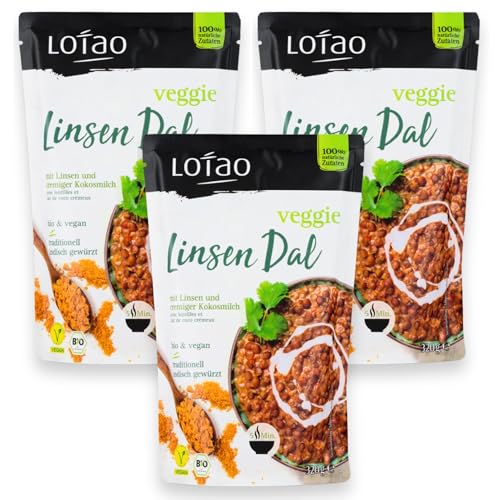 LOTAO Veggie Linsen Dal 3x320g Set Vegane Fertiggerichte | BIO-Gerichte ohne Zusätze und Soja | Schnell und praktisch: Fertigessen für Mikrowelle und Pfanne | Vegane Lebensmittel für jeden Tag von Lotao