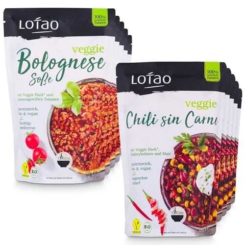 LOTAO Vegane BIO Fertiggerichte: Chili sin Carne + Bolognese Sauce, 10er Mix-Paket | Veggie Hack als Fleischersatz | Schnelle vegetarische und vegane Fertigessen + Lebensmittel ohne Zusätze + Soja von Lotao