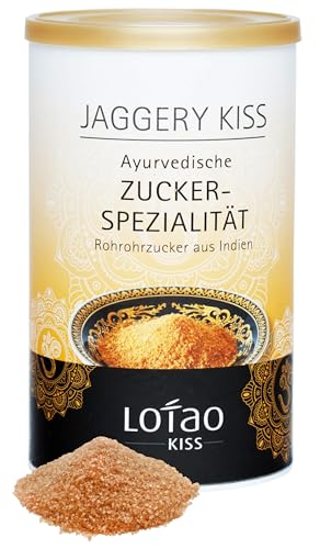 LOTAO Rohrzucker braun: BIO Jaggery Kiss (300g) | Unraffinierter brauner Zucker für jeden Tag | Aus Zuckerrohr in ayurvedischer Handarbeit gefertigt | Ideal für Cocktails, Tee, Kaffee und Backen von Lotao