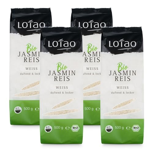 Lotao Bio-Jasmin Reis (4x 500g) | Reis-Klassiker im Vorteilspack | weiss, locker, duftend & aromatischer Geschmack, vielseitig einsetzbar | nachhaltig, vegane und vegetraische Küche, hochwertig von Lotao