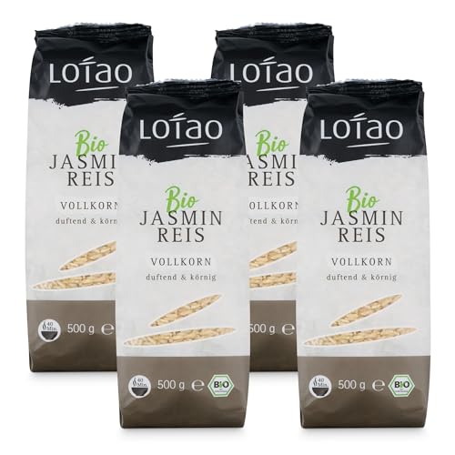 Lotao Bio-Jasmin Reis Vollkorn (4x 500g) | Reis-Klassiker im Vorteilspack | körnig, duftig & nussiger Geschmack, vielseitig einsetzbar | nachhaltig, vegane und vegetraische Küche, hochwertig von Lotao