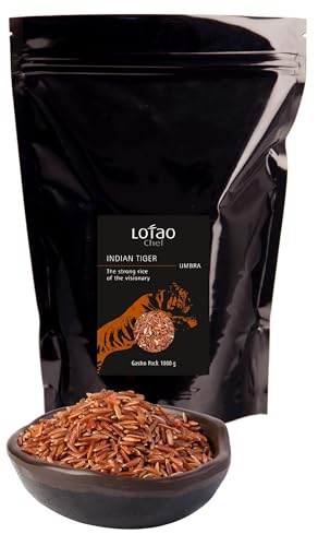 Kräftiger Lotao Bio-Reis Tiger Umbra (1x 1000g) Roter Bio-Vollkornreis ohne Farbstoffe | Körnig aromatische Reis-Rarität | Naturreis mit wertvollen Ballaststoffen, ungesättigten Fettsäuren, 9% Protein von Lotao