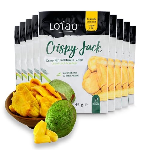 Knusprige LOTAO Jackfruit Chips: BIO Jackfrucht ohne Zuckerzusatz als fruchtiger Snack | Fruchtchips ungezuckert auch als Obst Topping für Müsli, Smoothie Bowl und Porridge (10 x 45g Vorratspaket) von Lotao