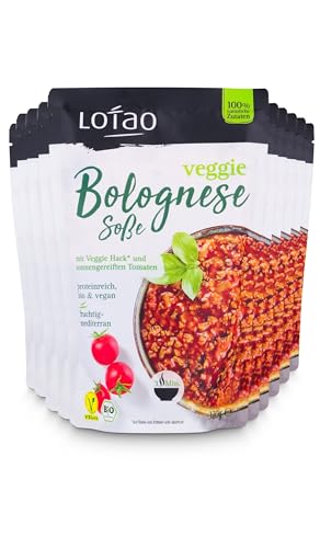 LOTAO Vegane Bolognese Sauce mit veganem Hack 10x320g Paket | BIO Tomatensauce mit Veggie Hack Fleischersatz | Schnelle vegetarische und vegane Fertiggerichte + Lebensmittel ohne Zusatzstoffe + Soja von Lotao