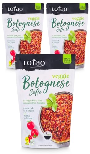 LOTAO Vegane Bolognese mit veganem Hack 3x320g Paket | BIO Tomatensauce mit Veggie Hack Fleischersatz | Schnelle vegetarische und vegane Fertiggerichte + Lebensmittel ohne Zusatzstoffe + Soja von Lotao