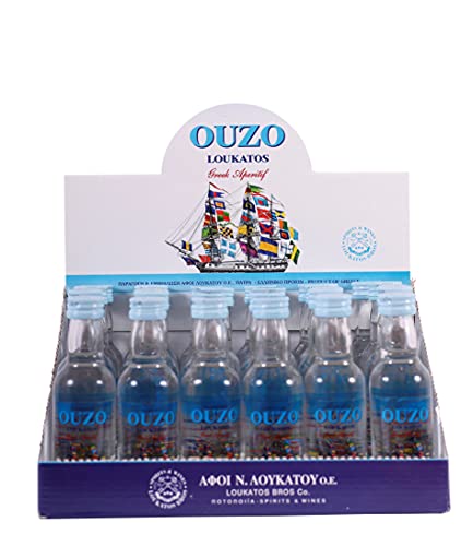 Ouzo Loukatos 24x 50ml Packung 38% Vol. | Milder Ouzo aus Patras | Ouzo Party Box von Loukatos