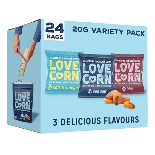 LOVE CORN Variety Packung - Geröstete Maiskörner - Glutenfrei - Vegan Mais Snacks - Kalorienarm - Gesunder Snack - (Packung mit 24 Beuteln, je 20g) von Love Corn