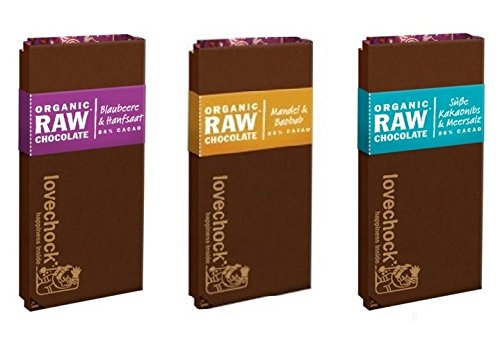 LOVECHOCK Tafeln Set 3x 70g Blaubeere & Hanfsaat, Kakaonibs & Meersalz, Mandeln & Baobab (roh bio vegan) Rohschokolade 3er-Set von Lovechock