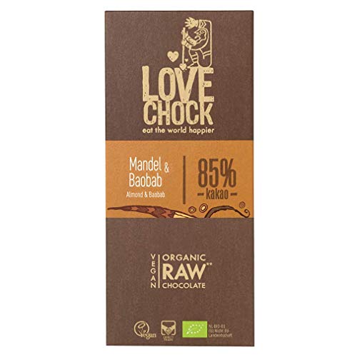 Lovechock Bio Organic Raw Chocolate Tafelschokolade Mandel und Baobab, 85 % Cacao, vegan, glutenfrei, laktosefrei, 70 g von Lovechock