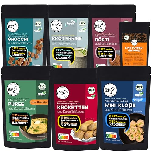 6x LOW CARB Kartoffelprodukte | 95% weniger Kohlenhydrate = KETO | 60% weniger Kalorien | protein- und ballaststoffreich | bio + Kartoffelgewürz (Probierbox klein) von LowCa