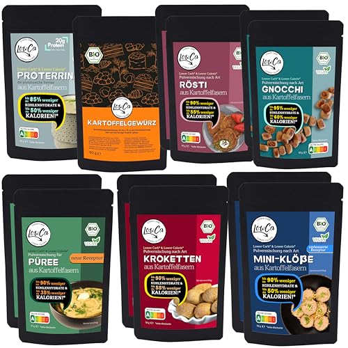 LOW CARB Kartoffelprodukte, 12 inkl. 2 gratis | 95% weniger Kohlenhydrate = KETO | 60% weniger Kalorien | protein- und ballaststoffreich | bio inkl. Kartoffelgewürz von LowCa
