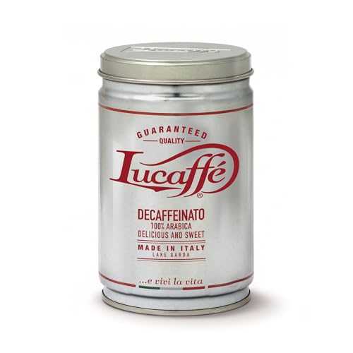 Lucaffe - Entkoffeinierte Kaffeedose gemahlener Kaffee Decaffeinato, 250 Gr | Kaffee für Espresso ohne Koffein gemahlen | Dunkel Röstung | Decaf, süßer, fruchtiger Geschmack, cremig |intensives Aroma von Lucaffé