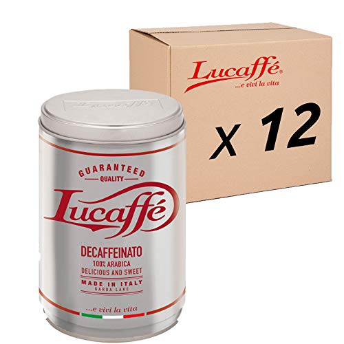 LUCAFFÈ Entkoffeinierter Kaffee, 100% Arabica, gemahlener Kaffee, Kaffeedose 12 x 250 gr. in einer stilvollen Stahlbox, süßer Geschmack, voller Körper, dichte Crema, angenehmes Aroma von Lucaffé