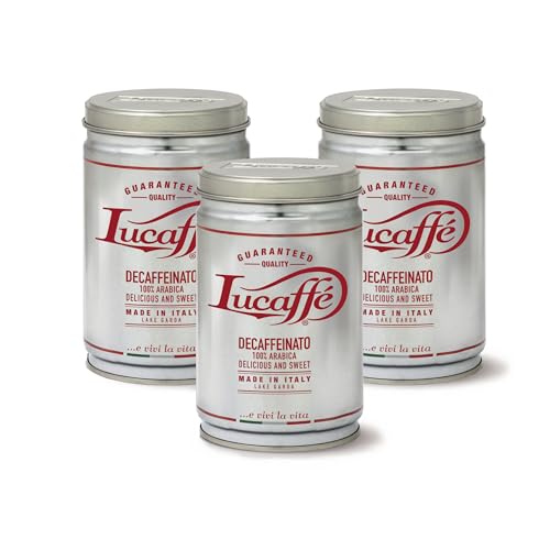 Lucaffé, Entkoffeiniert 100% Arabica, Hochwertige Kaffeebohnen, Intensives un reiches Aroma, Recycelbare Stahldose, Röstung bei Niedriger Temperatur (250gx3) von Lucaffé