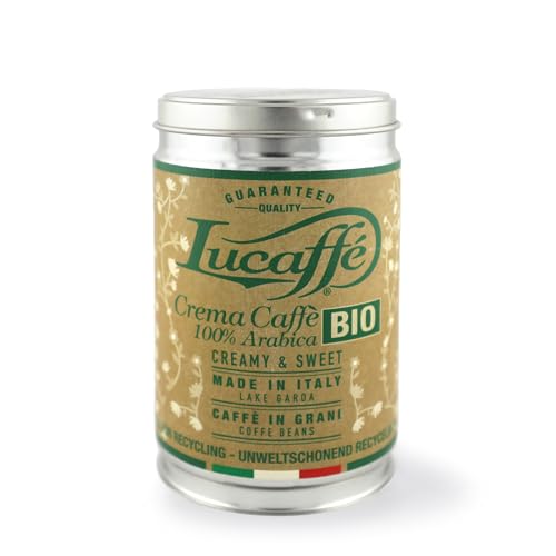Lucaffé - Kaffeebohnendose Crema Caffè Bio, 250 Gr | Kaffee aus ganzen Bohnen zum Mahlen für Espresso | Mittlere Röstung | Süsser & cremiger Geschmack | Intensives & umhüllendes Aroma | Fair Trade von Lucaffé
