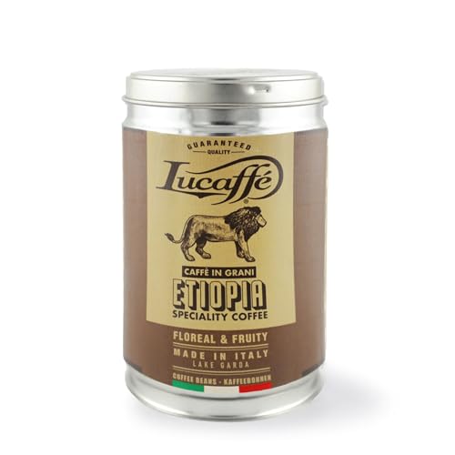 Lucaffé - Kaffeebohnendose sortenreine Etiopia Specialty, 250 Gr | Kaffee aus ganzen Bohnen zum Mahlen für Espresso | Mittlere Röstung | Zarter, blumiger und fruchtiger Geschmack | Berauschendes Aroma von Lucaffé