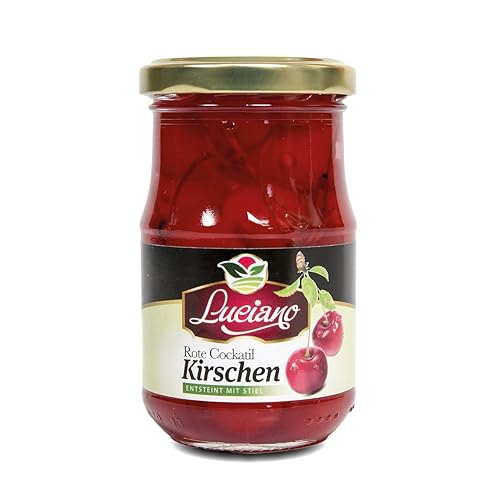 Luciano Cocktail Kirschen 125g - Maraschino Cocktailkirsche ohne Kern Sauerkirschen im Glas mit Stiel eingelegt in Sirup von BDLLMDES