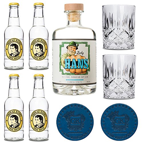 Gin Tonic Set | 1x Lucky HANS Gin | 4x Thomas Henry Tonic Wasser | 2x Gin Gläser | 2x Glas Untersetzer | Prima Geschenk von Lucky HANS