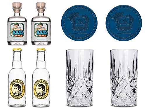 Lucky HANS Gin Tonic Set | 2x Gin Miniaturflaschen | 2x Thomas Henry Tonic Water | 2x Gin Gläser | 2x Glas Untersetzer von Lucky HANS